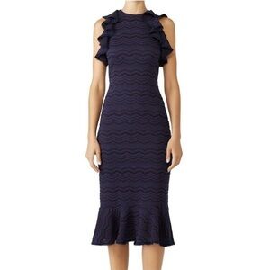 Slate & Willow Lined Midnight Blue Ruffle Sheath Midi Dress Romance Date Night